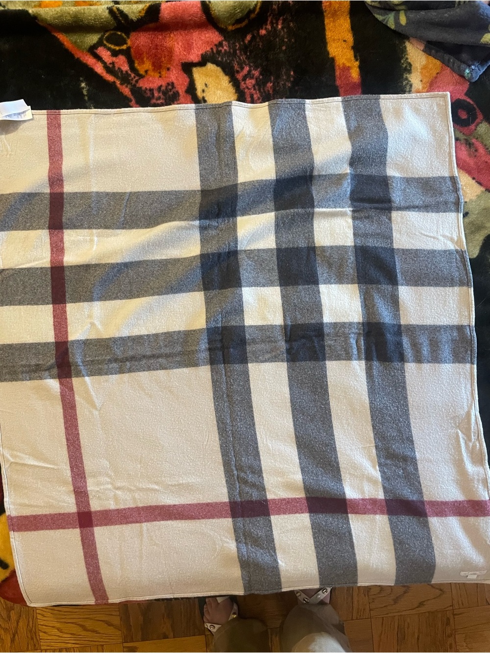 Burberry Cream Plaid Throw with Gray and Burgundy Stripes